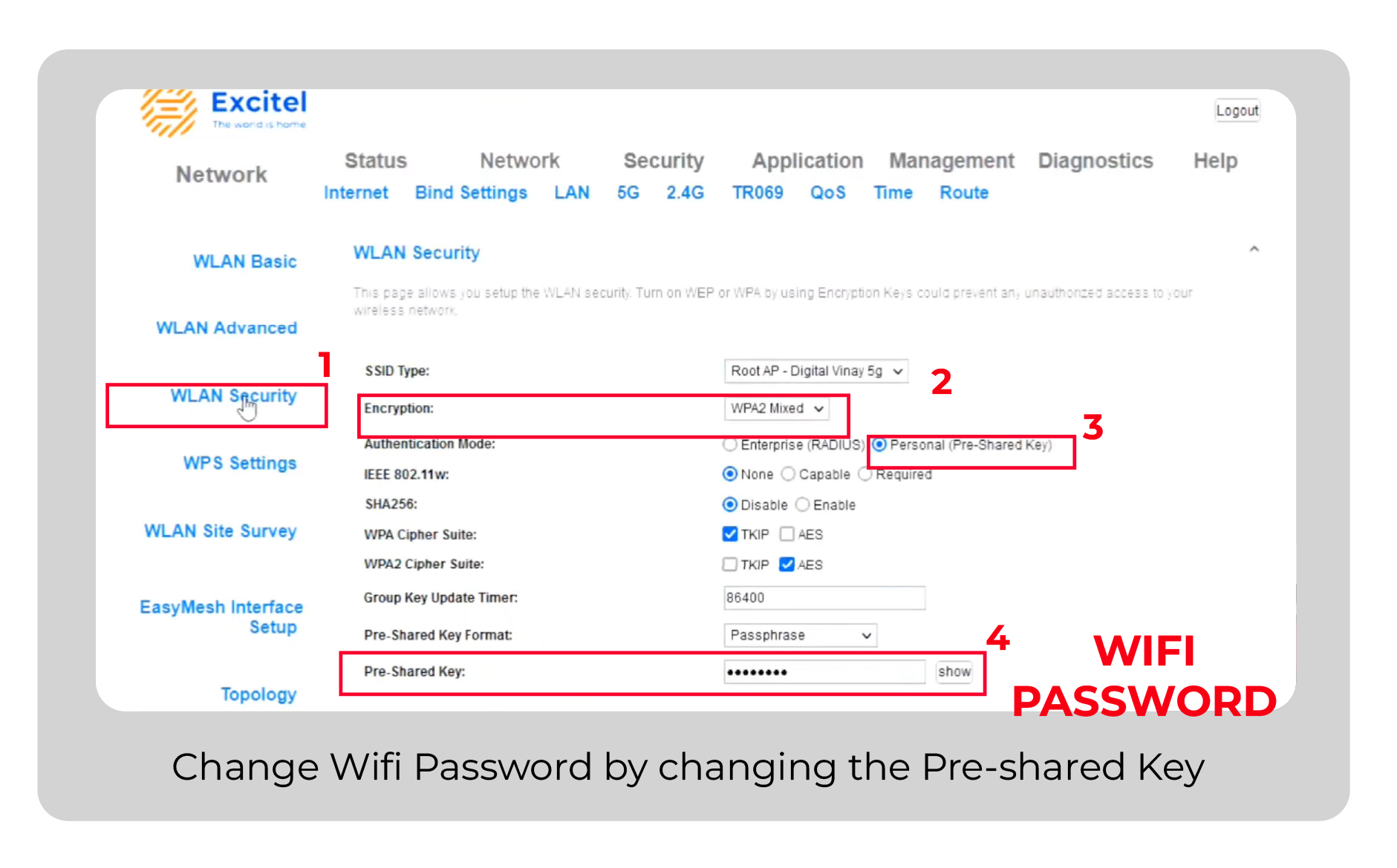 TO change password, goto WLAN Security and change pre-shared key.