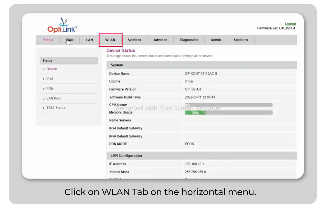 Click on WLAN to change Optilink Pass