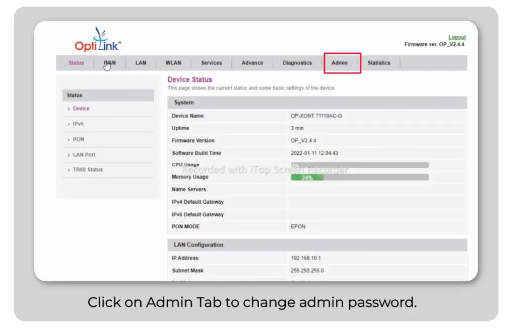 Click on admin to change admin pass of Optilink Admin Portal