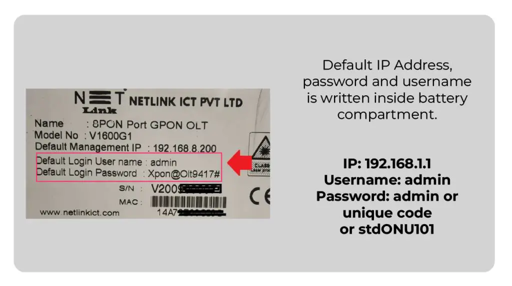 Usename, password and IP Address of NETLINK router